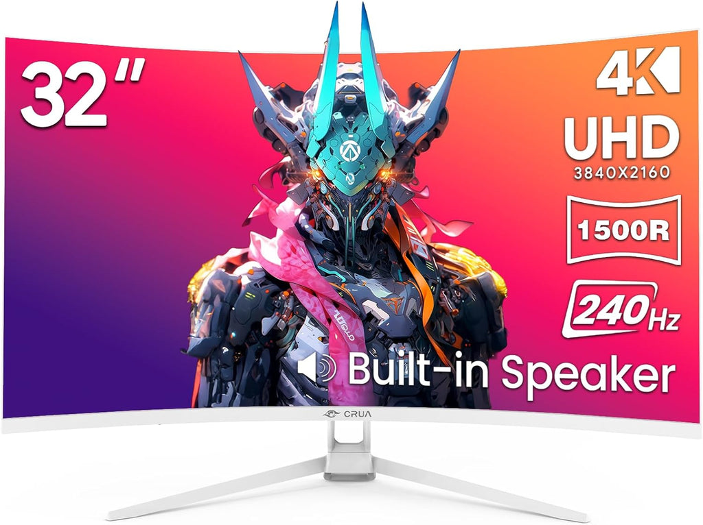 CRUA 32" Curved Gaming Monitor, 4K UHD 3840x2160, 240Hz VA Display, 1500R, AMD FreeSync, 120% sRGB, Built-in Speakers, HDMI 2.1 & DP 1.4, Wall Mountable White PC Monitor for Gaming, Streaming & Work