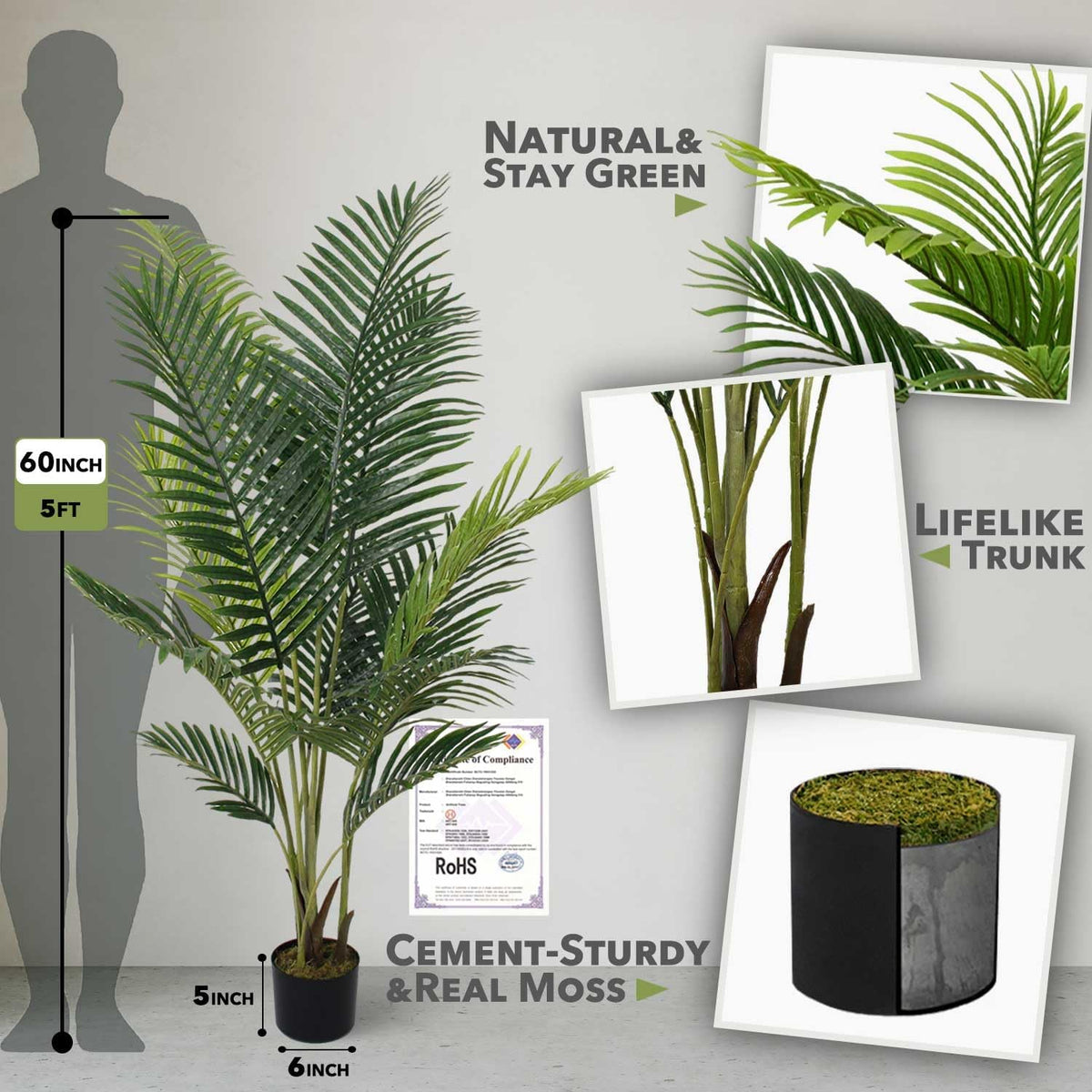 Aveyas 5ft Artificial Palm Tree for Home Decor, 5 Feet Faux Plant Fake Silk Tropical Kentia Areca Trees with Pot for Indoor Outdoor House Living Room Office Porch Garden (5 ft Tall) - Set of 2 Pack