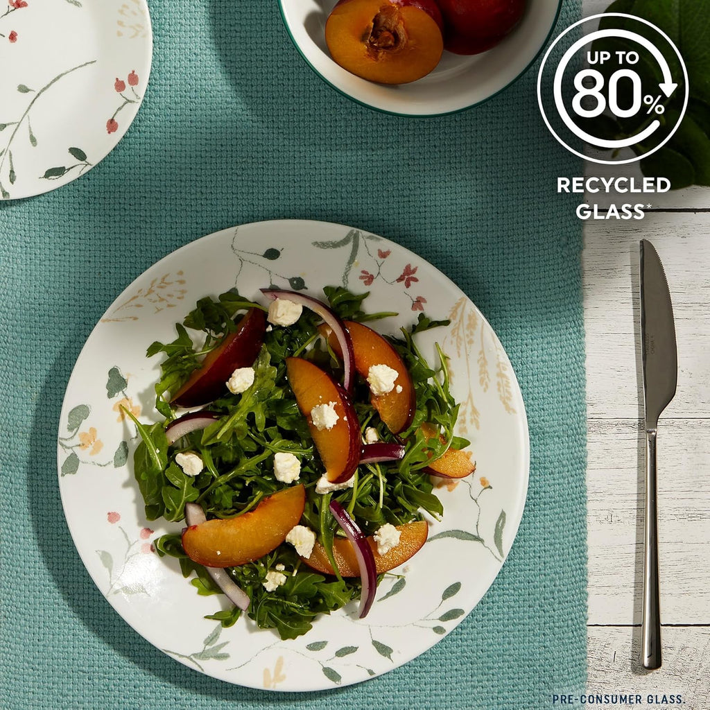Corelle Vitrelle 18 Piece Glass Dinnerware Sets Service for 6, Triple Layer Chip & Crack Resistant Glass Plate and Bowl Sets, Wildflower