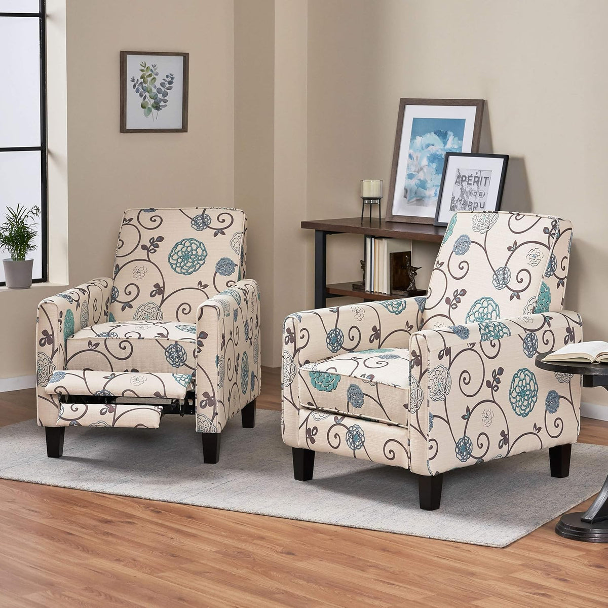 Christopher Knight Home Emmie Fabric Recliner (Set of 2), Light Beige with Blue Floral, Dark Brown