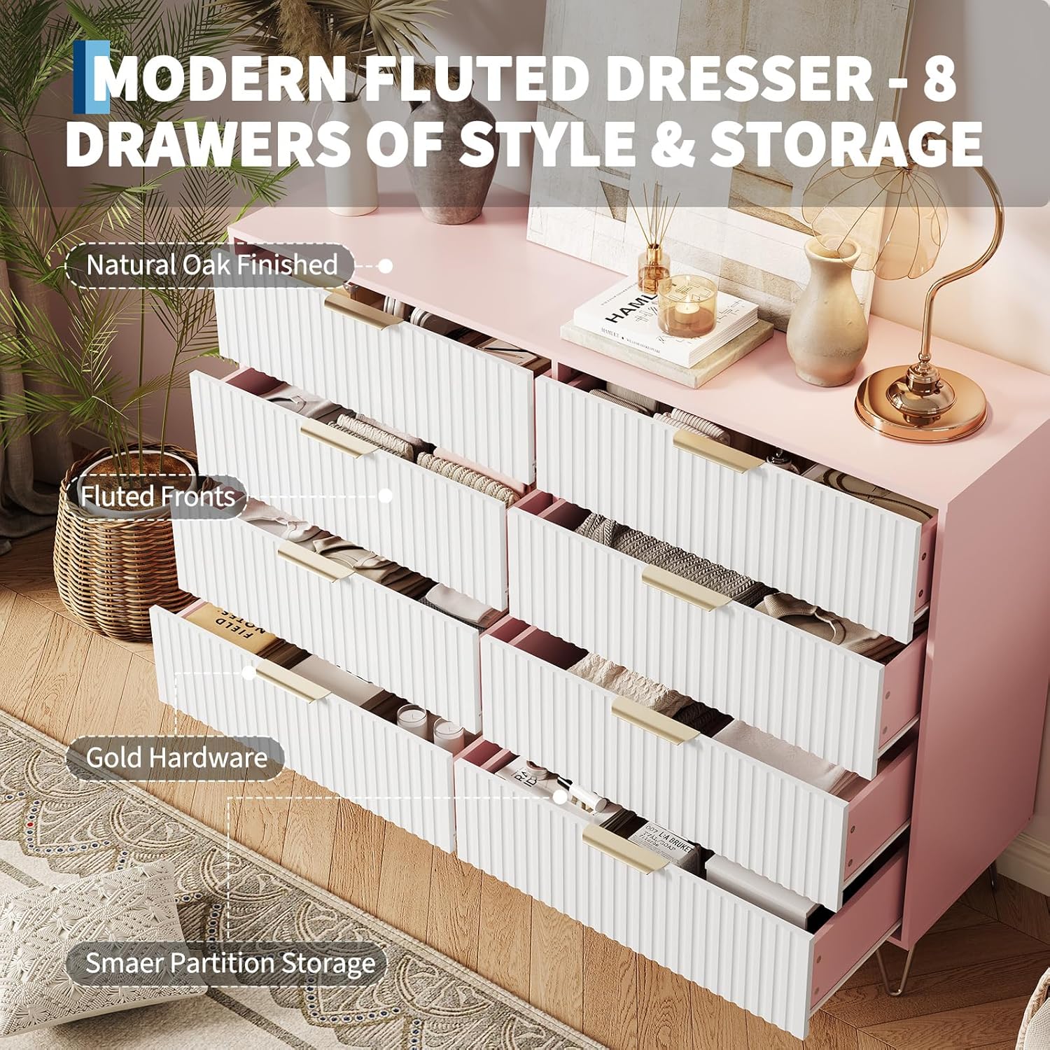 Garvee Fluted Dresser for Bedroom with 8 Drawers,55" Wide Modern Chest of Wooden Bedroom Chest with Metal Handle,Clothes Storage Organizer,Closet Dresser & TV Stand for Living Room,Hallway