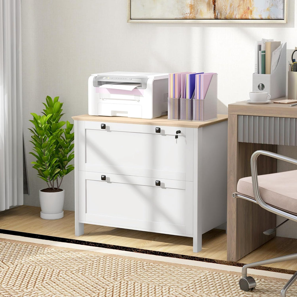 HOMCOM 2 Drawer File Cabinet with Lock, Lateral Filing Cabinet with Keys and Adjustable Hanging Bar for Letter, A4 and Legal Size for Home Office, White