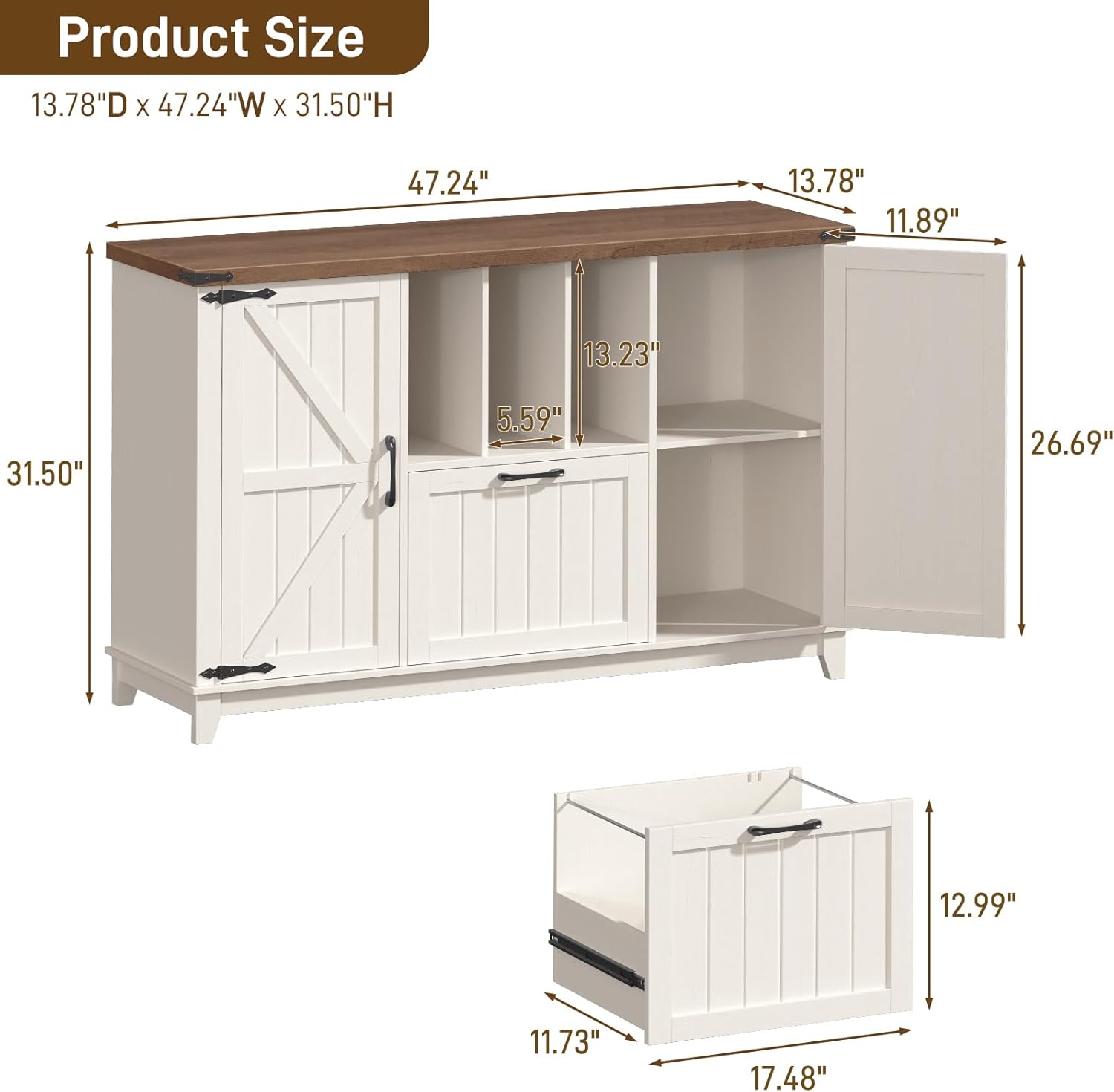 Lateral File Cabinet with File Drawer, Farmhouse Filing Cabinet with Storage Shelves for Legal/A4/Letter Size Hanging Files, Large Modern Printer Stand for Home Office (Rustic White and Brown)