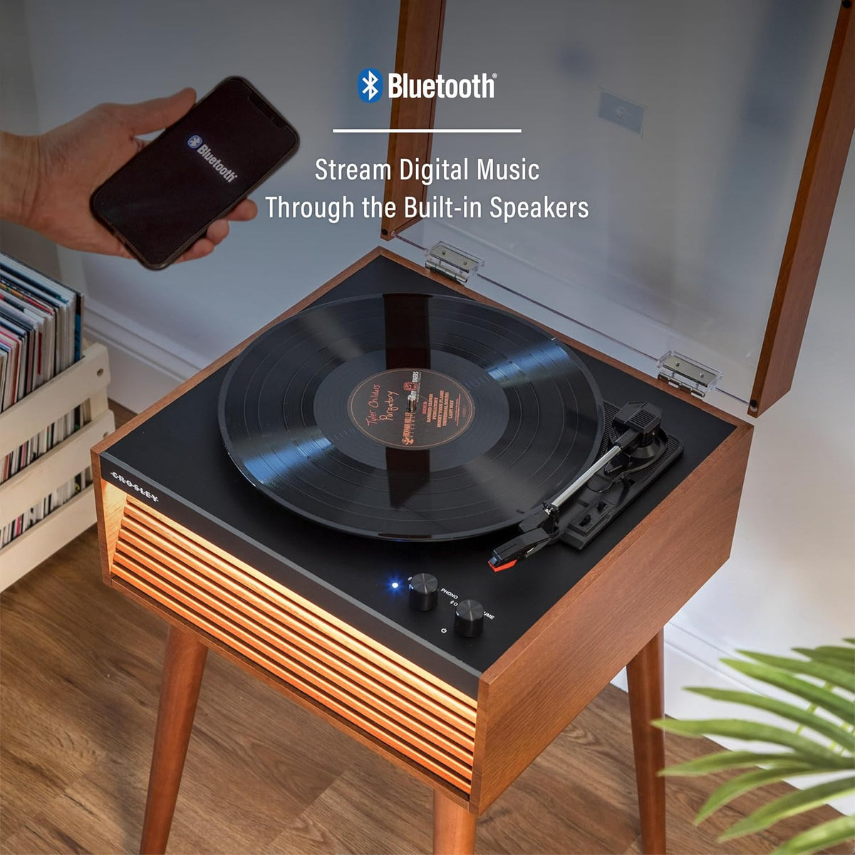 Crosley CR6237A-NA Dean 3-Speed Bluetooth in/Out Vinyl Record Player Turntable with Built-in Speakers, LED Lights and Detachable Legs, Natural