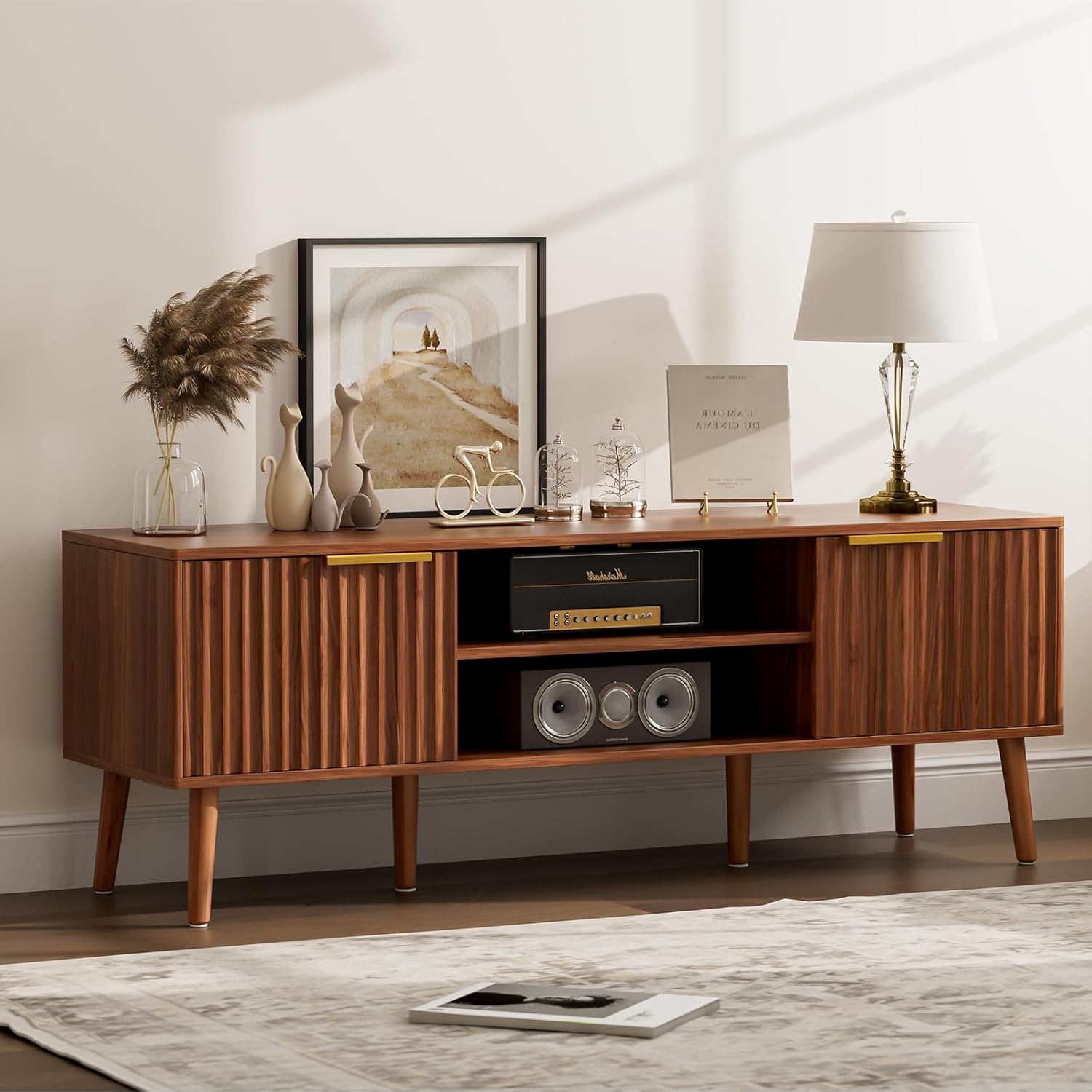 LCRBOL TV Stand for Living Room, Mid Century Modern Entertainment Center for 55/60 inch TVs, TV Console with Fluted Door Cabinets and Open Shelves, for Bedroom, Walnut