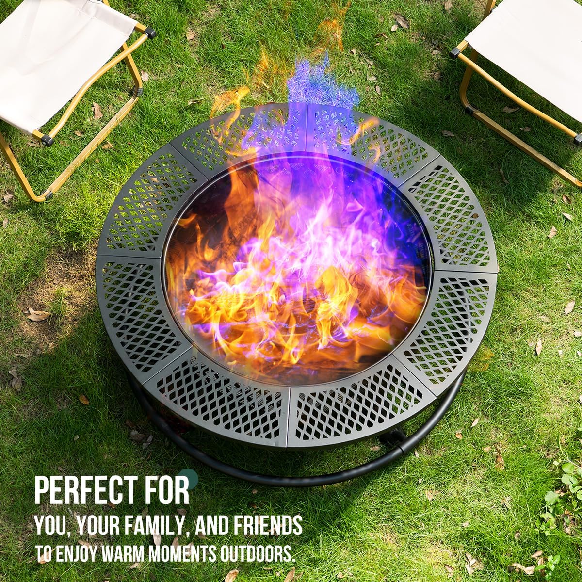 Panovue 36 Inch Fire Pit with Grill,Wood Burning Fire Pits for Outside with Lid& Fire Poker,Round Metal Firepit Table 3 in 1 with Cooking Grate,Outdoor Firepits for Yard Patio Bonfire Camping(Black)