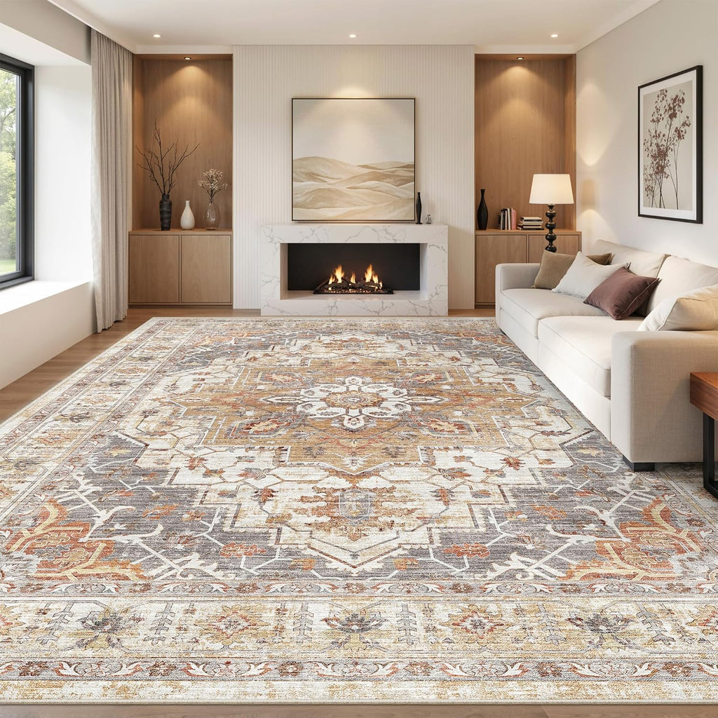 befbee 10x14 Area Rugs,Ultra-Thin Washable Rugs for Living Room,Non-Slip Lightweight Foldable Area Rug,Stain Resistant Vintage Large Rugs (Turmeric/Grey, 10'x14')