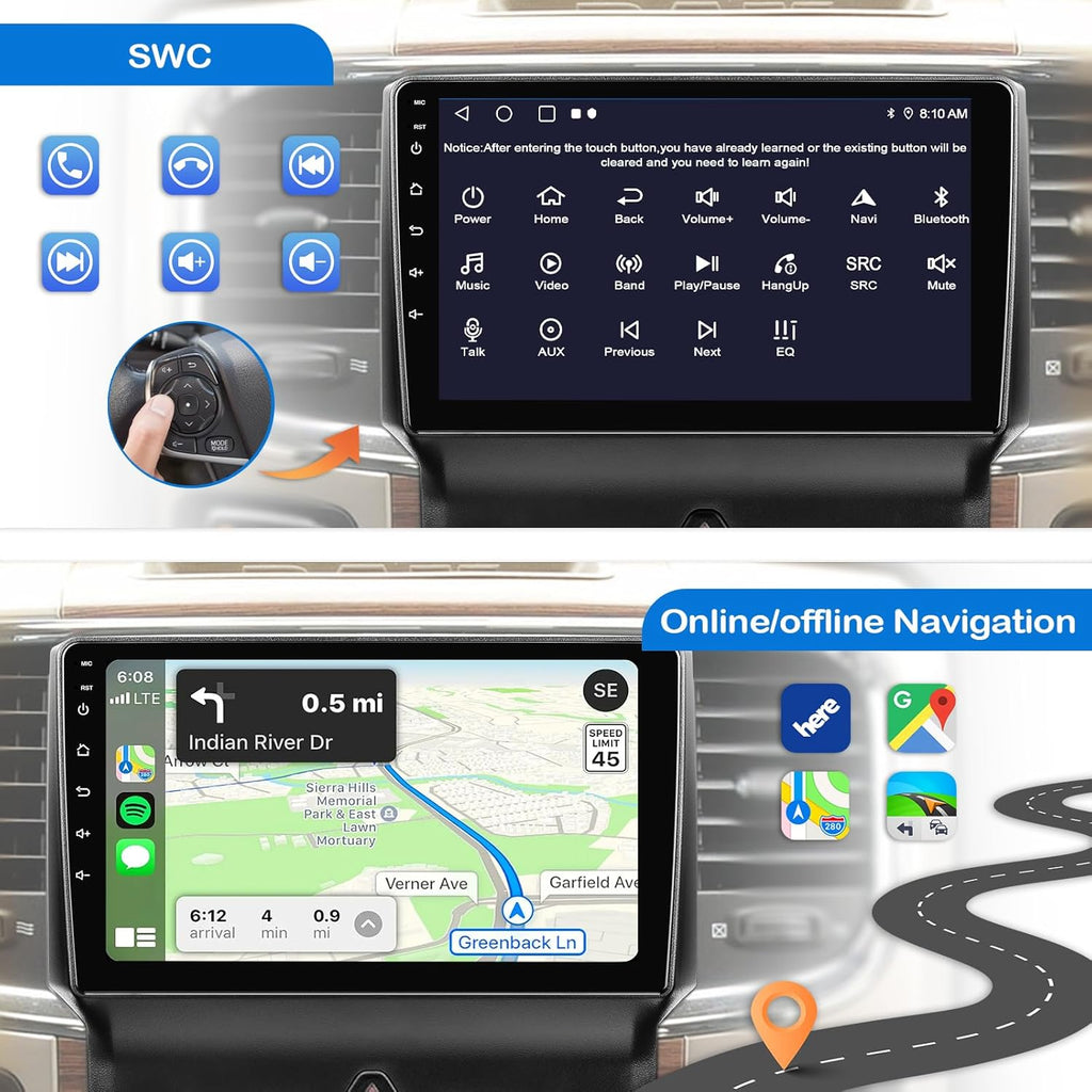 Car Stereo for Dodge RAM 1500 2500 3500 2013 2014 2015 2016 2017 2018 with Wireless CarPlay and Android Auto,9'' Android 13 Touch Screen Radio Replacement,2G Ram 32G ROM(Only fit Manual AC)