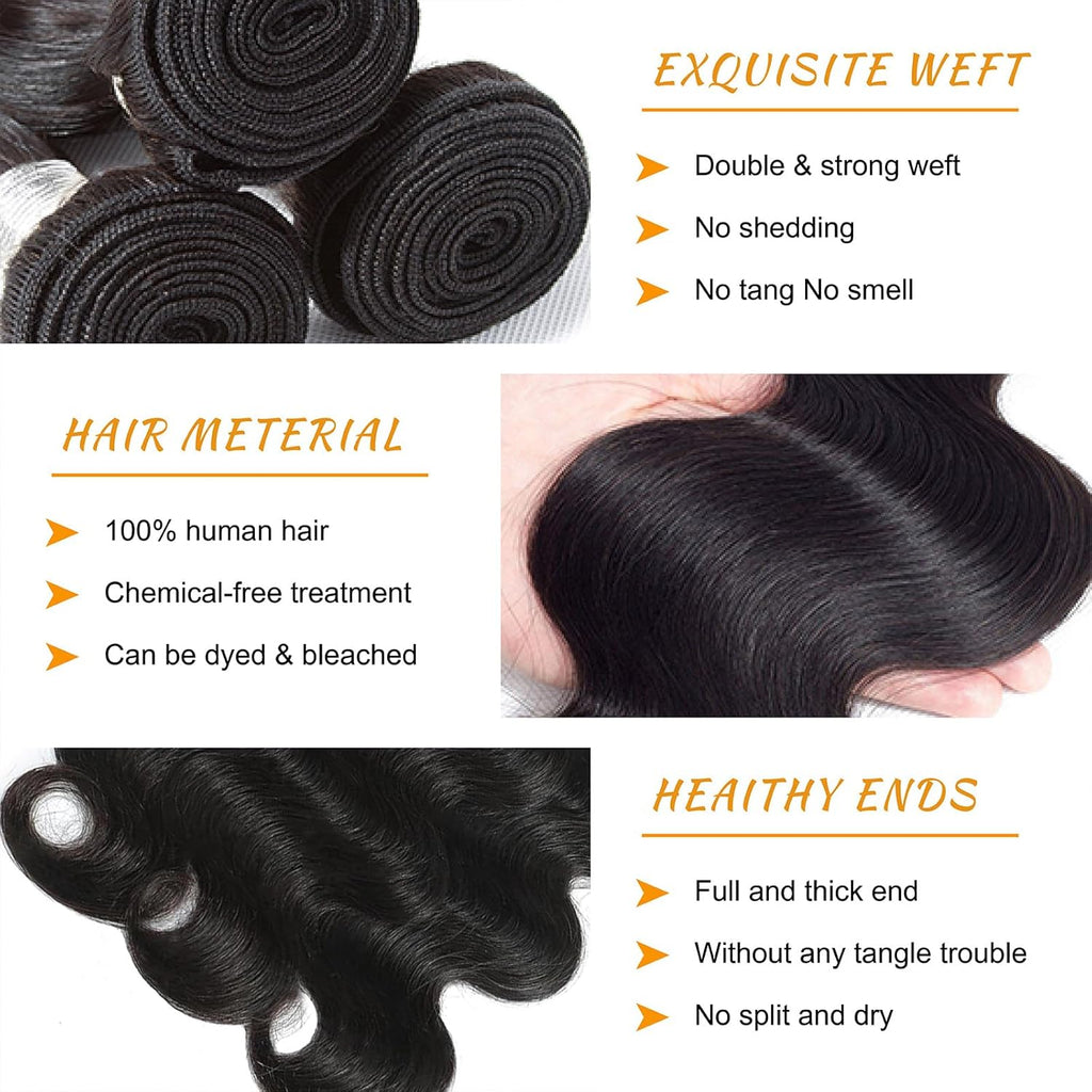 Brbeawor 14A Brazilian Body Wave Bundles Human Hair 22 24 26 Inch 100% Real Raw Virgin Human Hair Bundles Body Wave 3 Bundles Human Hair Extension Natural Color（22 24 26）