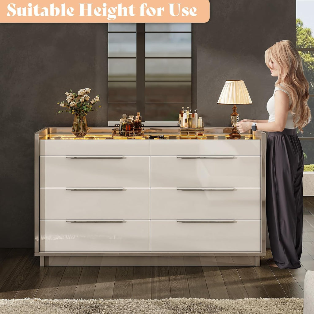 AMERLIFE 47.2" 8 Drawer Dresser with LED Light, Modern High Gloss Chest of Drawers with Glass Tabletop & 2 Six-Grid Jewelry Drawers, for Bedroom, Living Room, Dressing Room, Cream & Grey