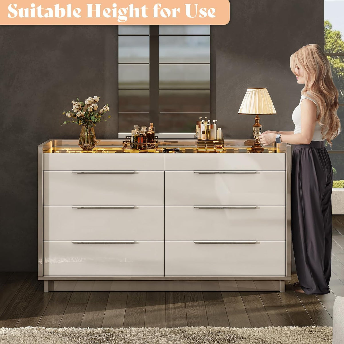 AMERLIFE 47.2" 8 Drawer Dresser with LED Light, Modern High Gloss Chest of Drawers with Glass Tabletop & 2 Six-Grid Jewelry Drawers, for Bedroom, Living Room, Dressing Room, Cream & Grey