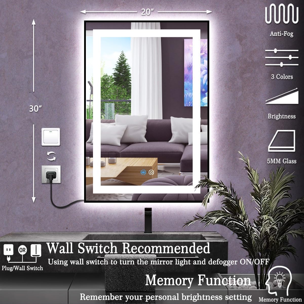 20 x 30 Inch Black Medicine Cabinet Mirror with Lights 3 Color Anti-Fog 30 Inch Bathroom Lighted Medicine Cabinet with Mirror and Light Led Medicine Cabinet Mirror with Storage for Bathroom