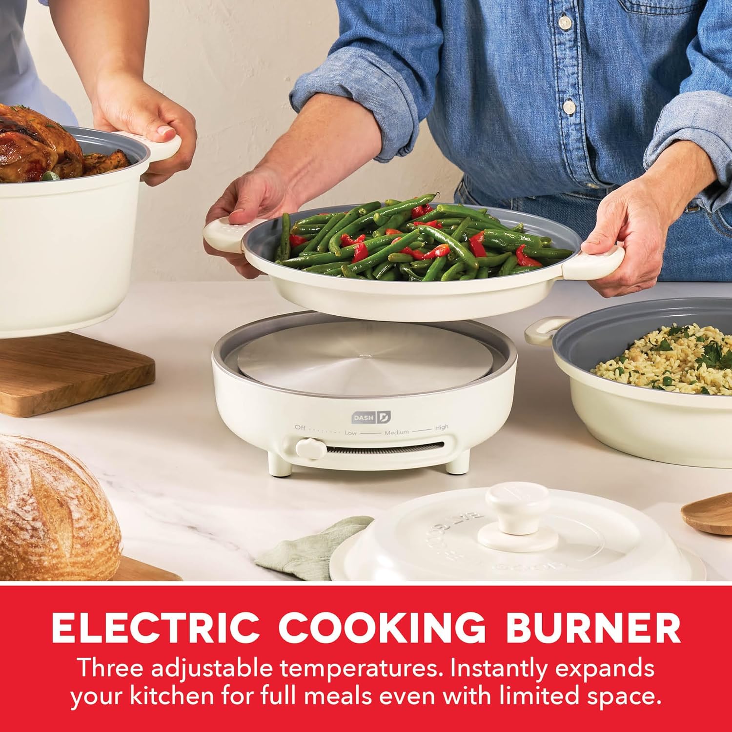 Dash Stacks Stacking Cookware Set with Electric Burner - Features CleanCoating™ Ceramic Nonstick Coating - Versatile, Nestable Pieces - Convenient Storage - Cream, 16-Piece