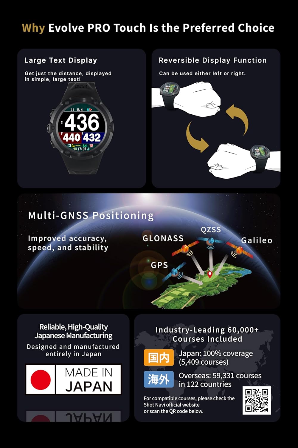 Golf GPS Watch, Shot Navi Evolve PRO Touch - 1.4in Touch Panel, Dynamic Green Heatmap, Auto Measure, 8hr GPS, IPX7 Waterproof, 60,000 Courses, Made in Japan (Black)