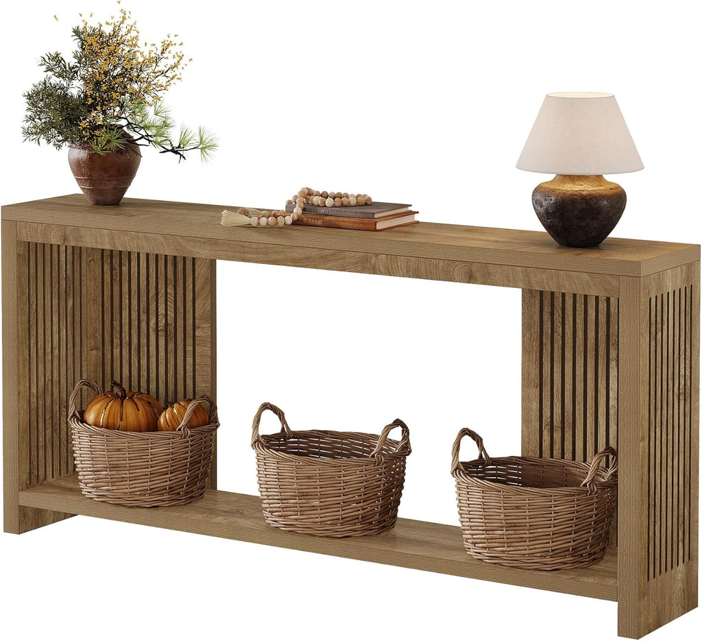 Tribesigns 70.9-Inch Long Entryway Table with 2-Tier Storage, Farmhouse Narrow Sofa Console Table with Vertical Stripe Legs, for Entrance, Entryway, Hallway, Foyer, Behind the Couch, Brown