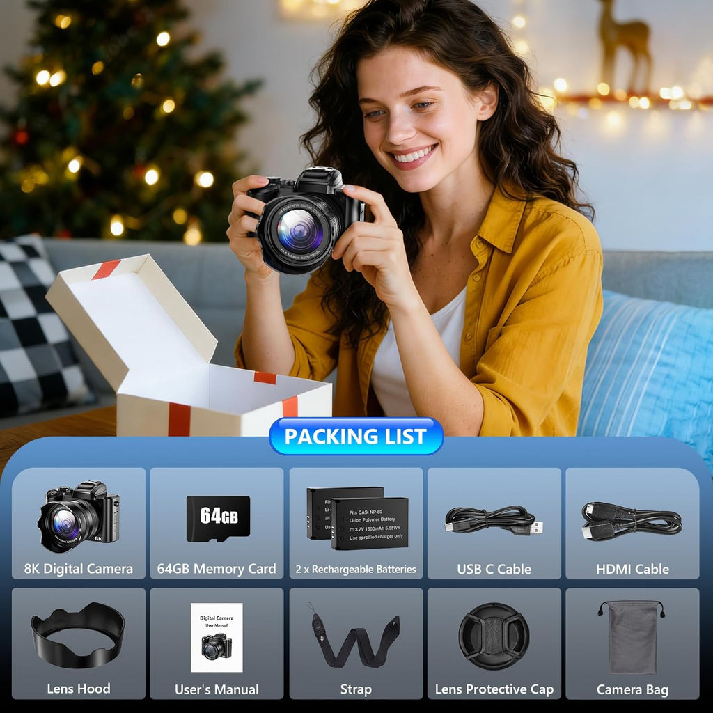 8K Digital Camera, 88MP WiFi Cameras for Photography with 3.2" Touchscreen, 16X Zoom Autofocus Professional Dual Camera, Anti-Shake, 2 Batteries, 64GB Card, Flash, Lens Hood