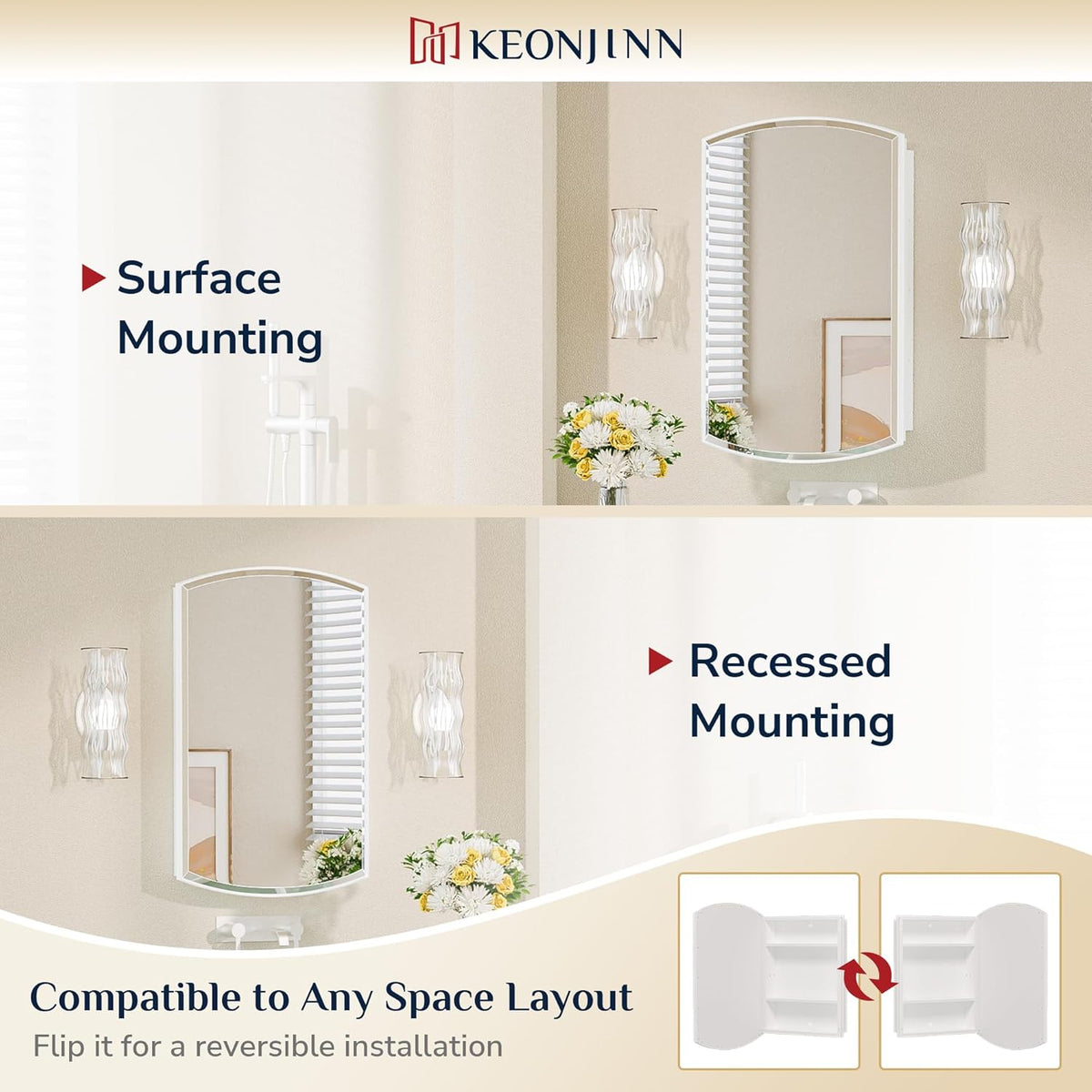 Keonjinn Medicine Cabinet 16 x 26 Inch, Surface Mount or Recessed Cabinets with Mirrors, White Metal Framed Wall Mirror with Storage, 2 Adjustable Shelves, Beveled Edge Frame