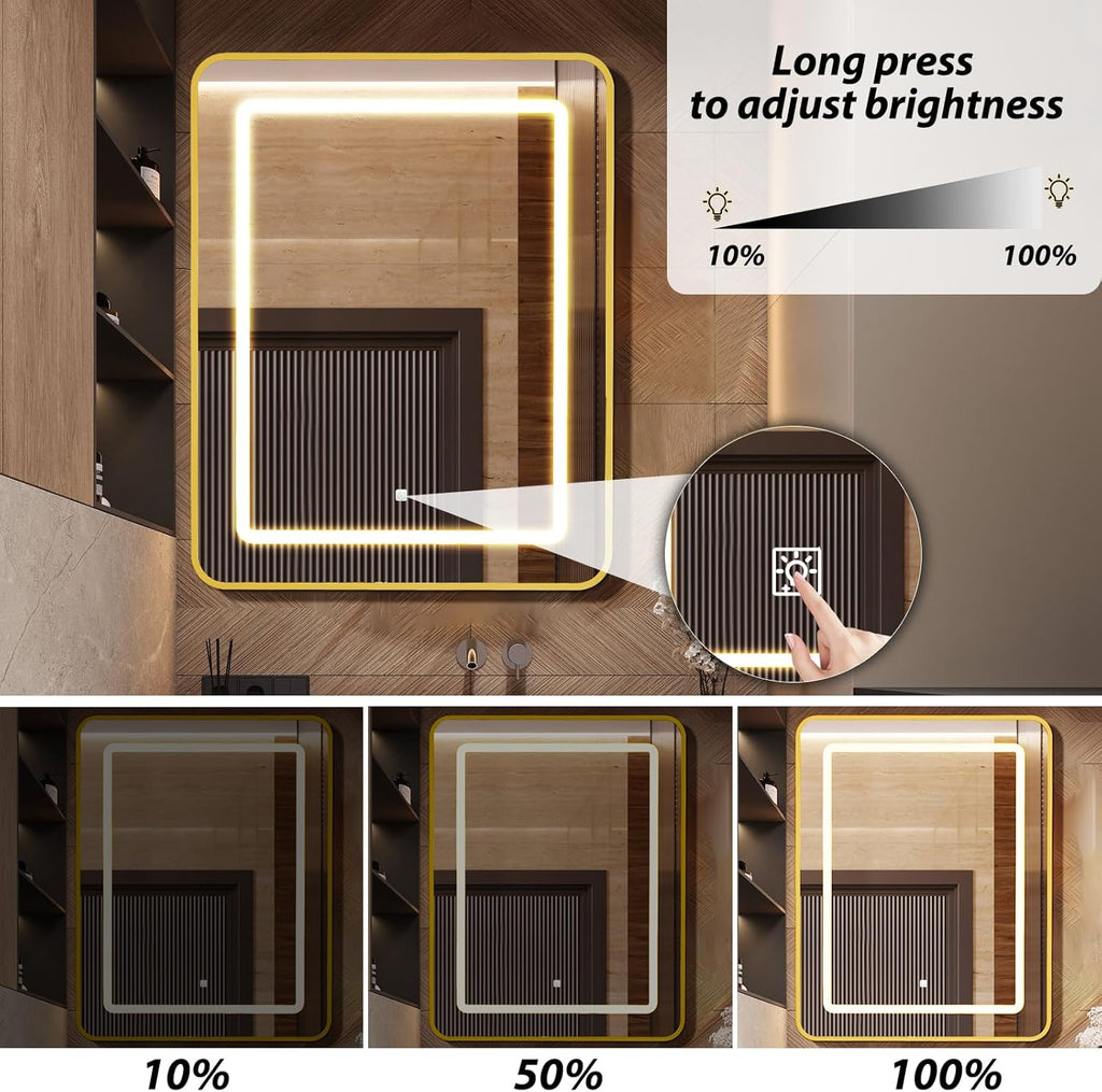 APRILSOUL 24X30 Inch Gold Bathroom Medicine Cabinet with Mirror, Recessed or Surface Lighted Medicine Cabinet with 3 Colors Temperature, Dimmable Light