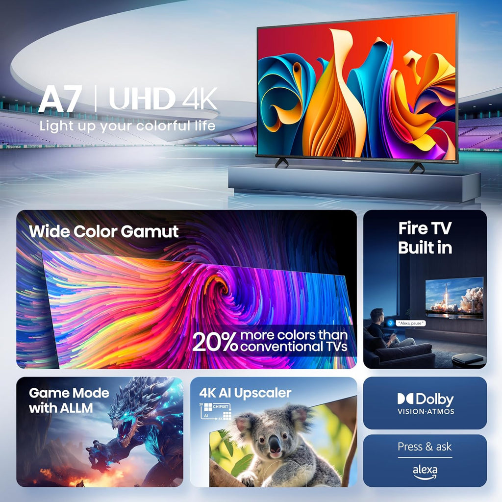 Hisense 55" Class A7 Series (55A7NF,2025 Model) 4K UHD Smart Fire TV, Voice Remote with Alexa, Wide Color Gamut, HDR10+, Dolby Vision & Atmos, Game Mode, ALLM, Stream Live TV Without Cable