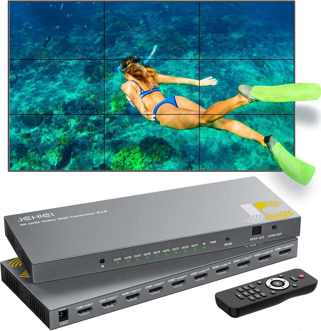 Video Wall Controller 3x3,JCHICI TV Wall Processor,4K x 2K HD Display,180 Degree Rotate,10 Splicing Modes,Input 4K and Output 1080P, Streaming Media Video Device