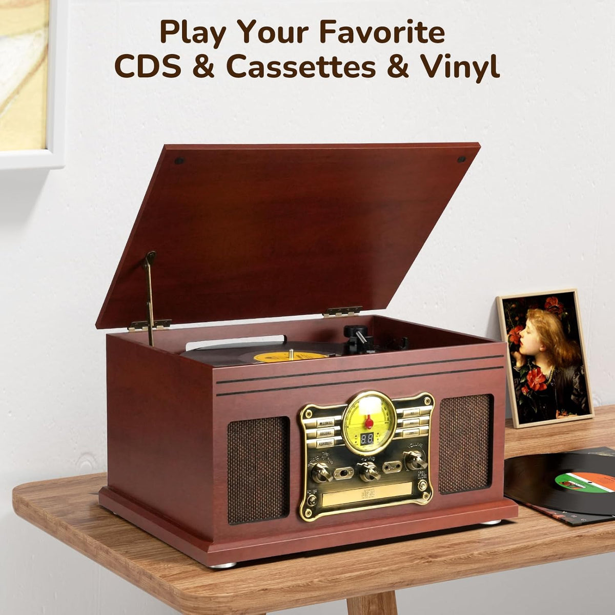 FEKTIK Bluetooth Record Player 10 in 1, 3-Speed Turntable for Vinyl with Speakers, LP to MP3 Converter, CD, Cassette Player, FM Radio, Wireless Streaming | Mahogany
