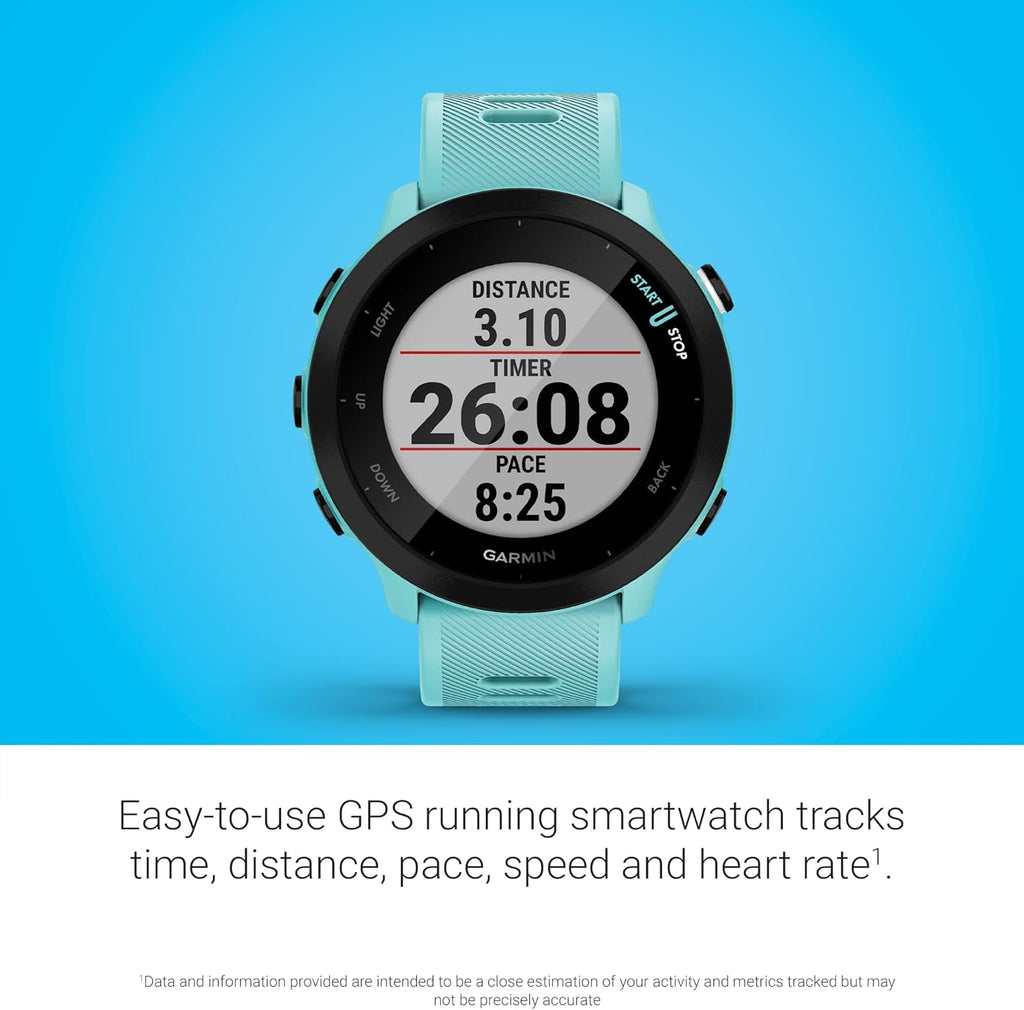 Garmin Forerunner 55, GPS Running Watch with Daily Suggested Workouts, Up to 2 weeks of Battery Life, Aqua One Size (Renewed)