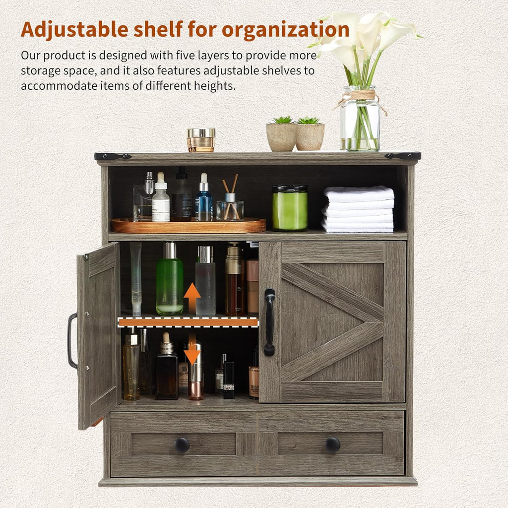 Wall Mounted Bathroom Cabinet with Barn Doors – 25" Wide Medicine Cabinet Over Toilet with Adjustable Shelf & Drawer, Hangging Storage Cabinet for Bathroom, Kitchen, Laundry, Entryway, Gray