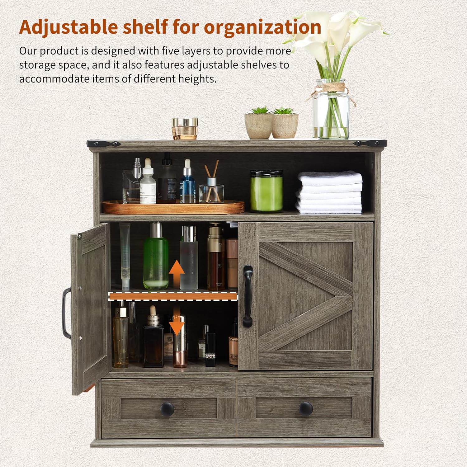 Wall Mounted Bathroom Cabinet with Barn Doors – 25" Wide Medicine Cabinet Over Toilet with Adjustable Shelf & Drawer, Hangging Storage Cabinet for Bathroom, Kitchen, Laundry, Entryway, Gray
