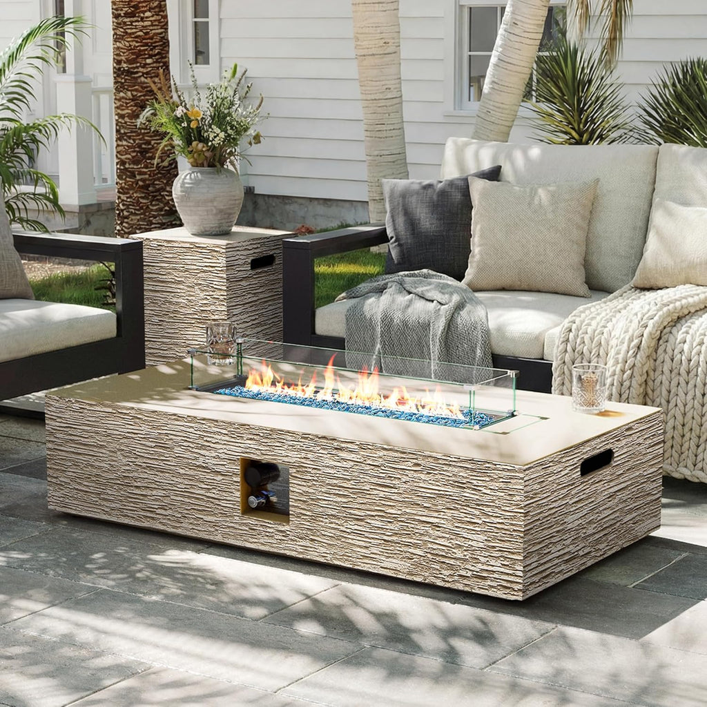 UPHA 56-inch Outdoor Propane Gas Fire Pit Table 50000 BTU Concrete Rectangle FirePit for Outside Patio with Propane Tank Cover, Wind Guad, Blue Glass Rocks, Rain Cover, Beige