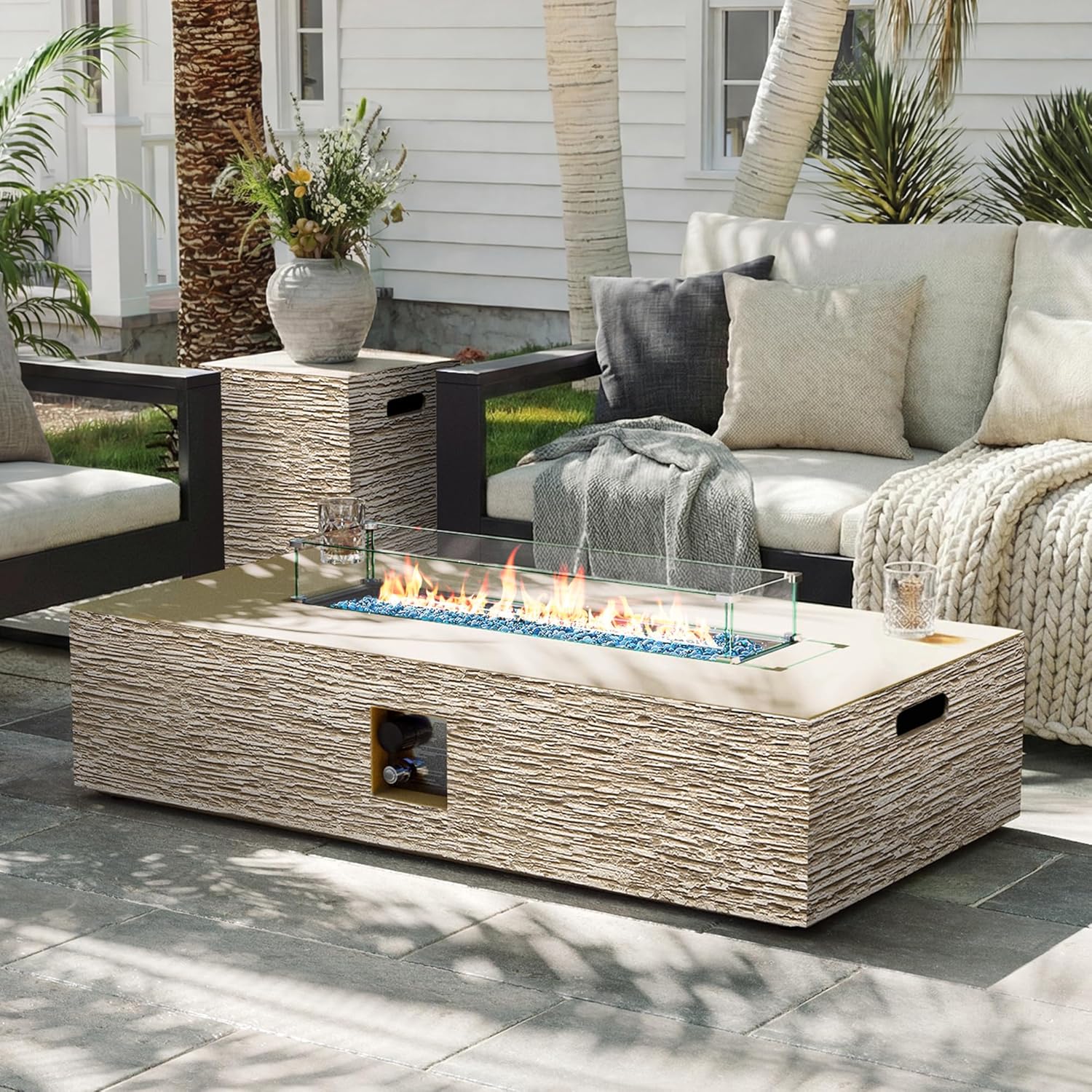 UPHA 56-inch Outdoor Propane Gas Fire Pit Table 50000 BTU Concrete Rectangle FirePit for Outside Patio with Propane Tank Cover, Wind Guad, Blue Glass Rocks, Rain Cover, Beige