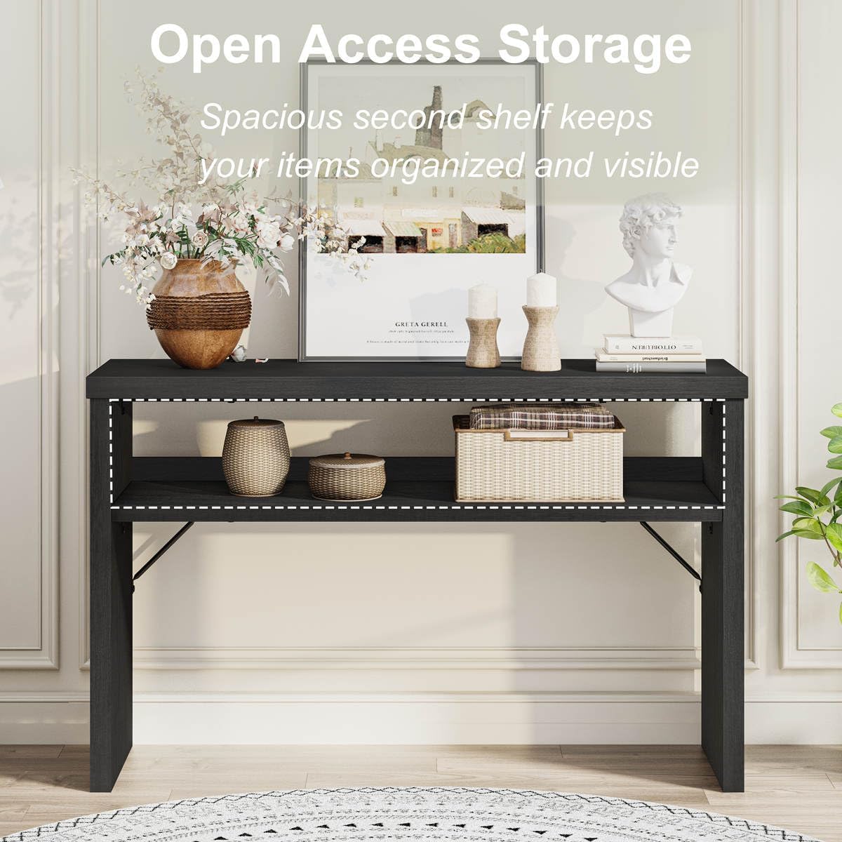 BON AUGURE Black Console Table 47 Inches, Entryway Table with Storage, Sofa Tables Narrow Long, Wooden Couch Tables Behind Sofa for Living Room, 2 Tier Entrance Tables