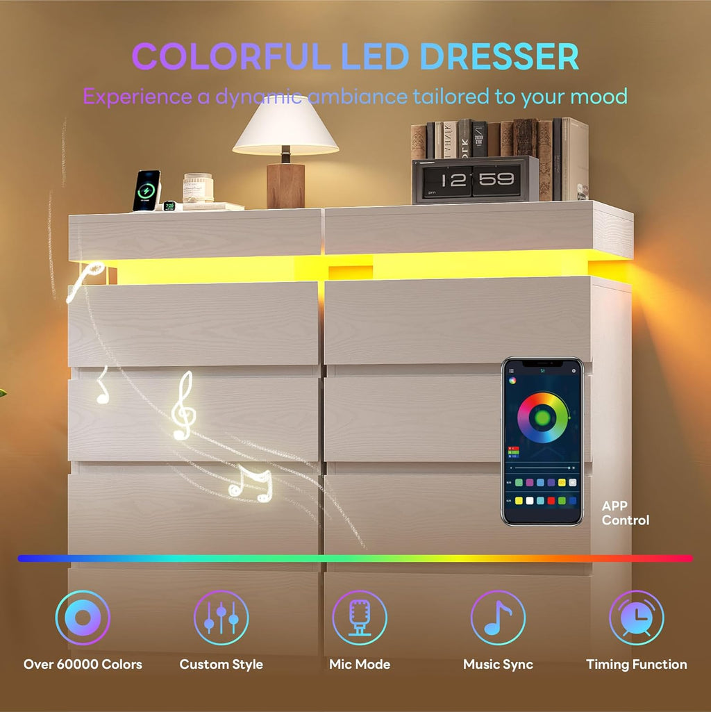 LIKIMIO 54" Tall 5 Drawer Dresser for Bedroom, White Dresser with LED Light and Power Outlet, Wooden Modern Chest of Drawers for Living Room, Entryway, Hallway