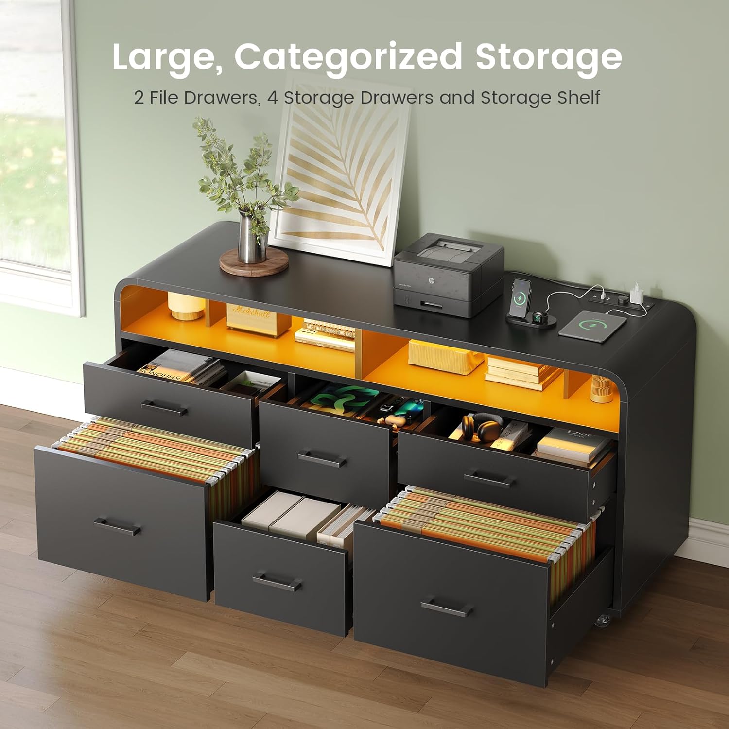 SEDETA 6 Drawer File Cabinet with Power Strip, 47" Wood Mobile Lateral Filing Cabinet fits Legal/Letter/A4 Size for Home Office, Printer Stand with Storage Shelf and Led Lights, Black