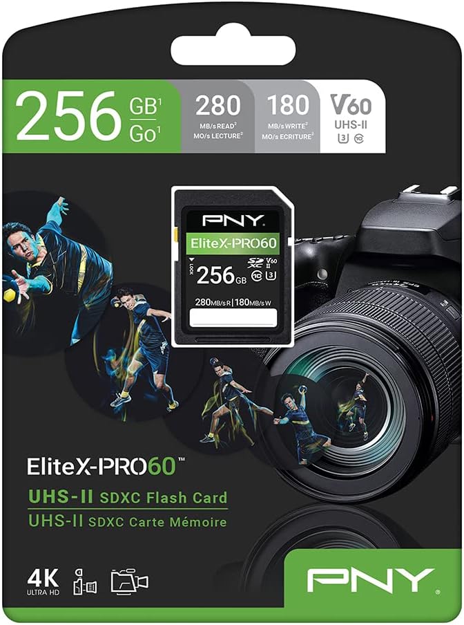 PNY 256GB EliteX-PRO60 UHS-II SDXC Memory Card - R280MB/s W180MB/s, U3, V60, 4K UHD, Full HD, UHS-II for Professional Photographers & Content Creators, DSLR Mirrorless Cameras, Advanced Video Cameras
