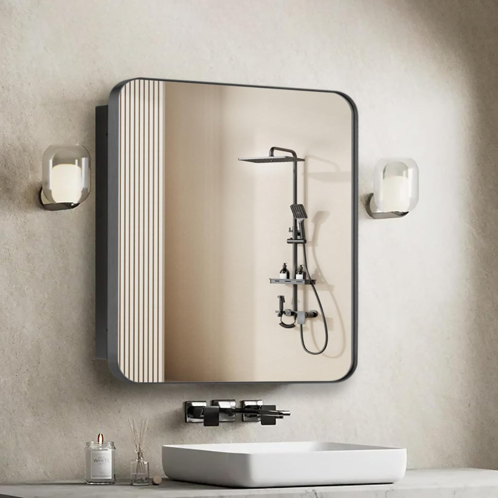 20" x 20" Bathroom Medicine Cabinet, Recessed or Surface Mount Square Mirror Cabinet with Stainless Steel Frame,Adjustable Metal Shelves, Wall Mounted Vanity Mirror with Bathroom Storage