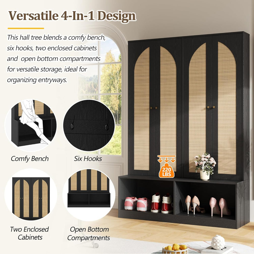Farmhouse Widen Hall Tree with 4 Rattan Doors, Versatile 4-in-1 Seating Bench with 6 Hooks, Mid-Century Entryway Shoe Cabinet with Adjustable Shelf for Living Room (Black#55)