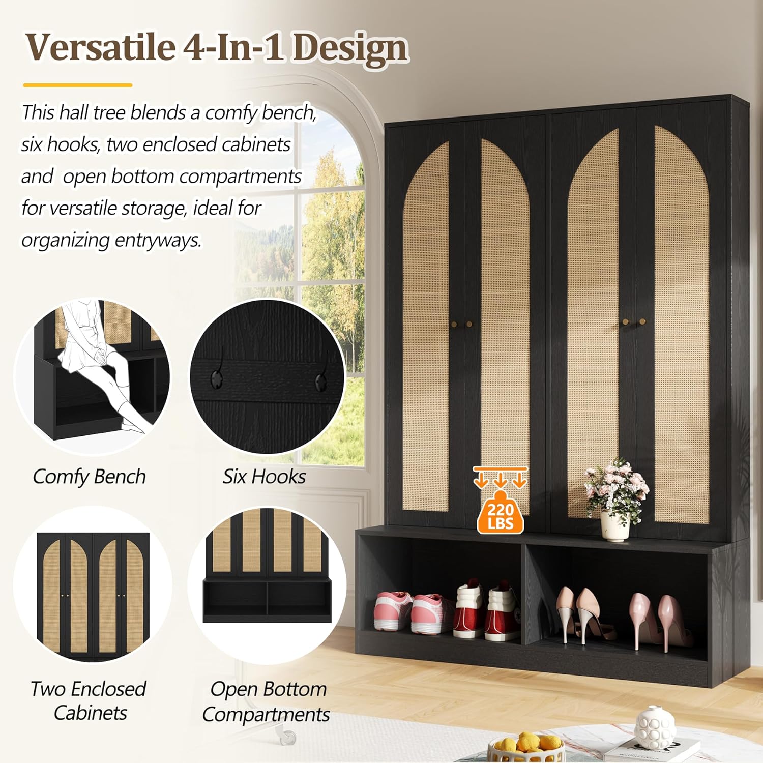 Farmhouse Widen Hall Tree with 4 Rattan Doors, Versatile 4-in-1 Seating Bench with 6 Hooks, Mid-Century Entryway Shoe Cabinet with Adjustable Shelf for Living Room (Black#55)