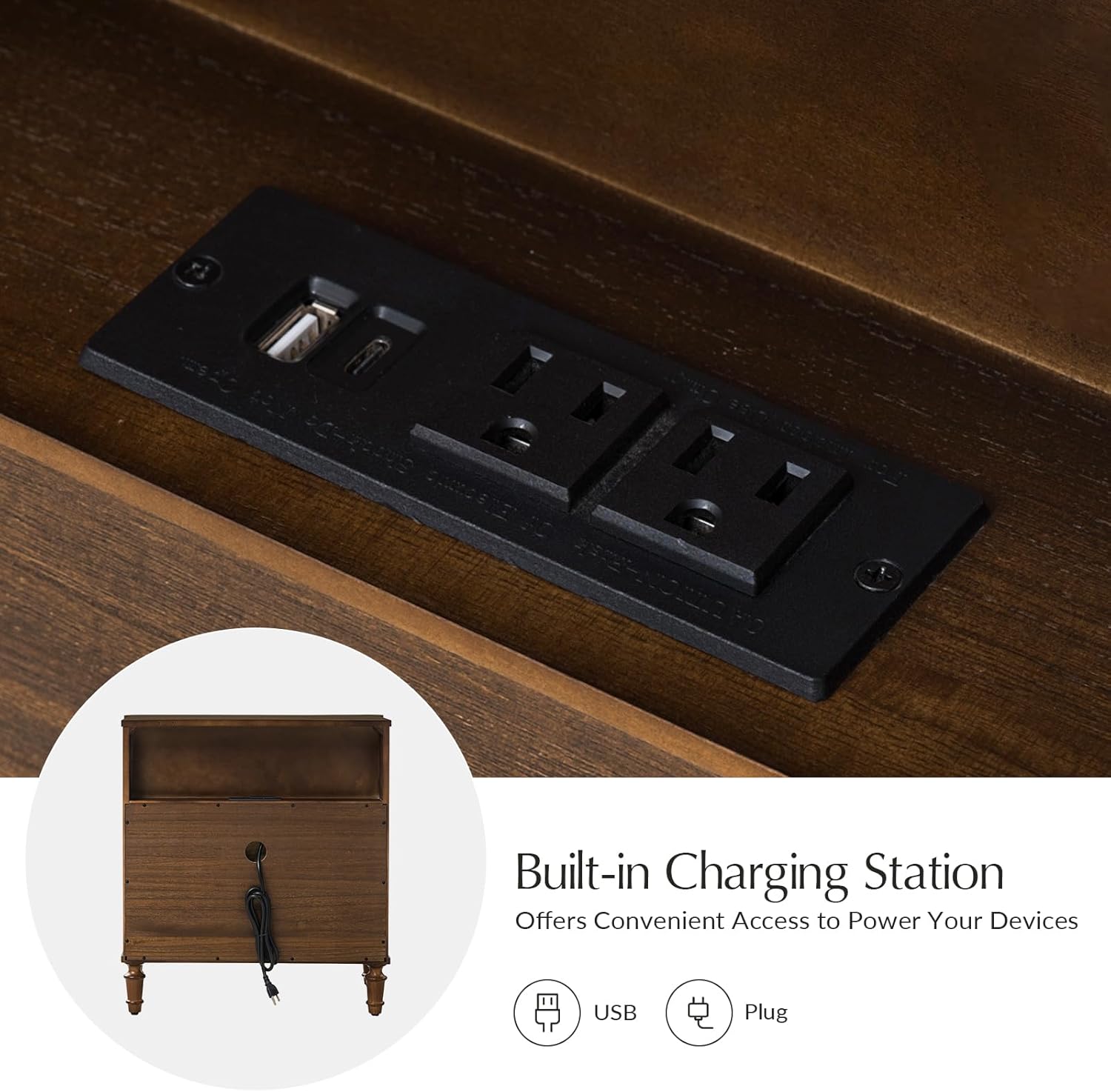 HULALA HOME 3 Drawer End Tables Set of 2 with Charging Station, 26" Wide Endtables with Solid Wood Legs and Curved Profile, Classic Side Tables for Living Room, Walnut