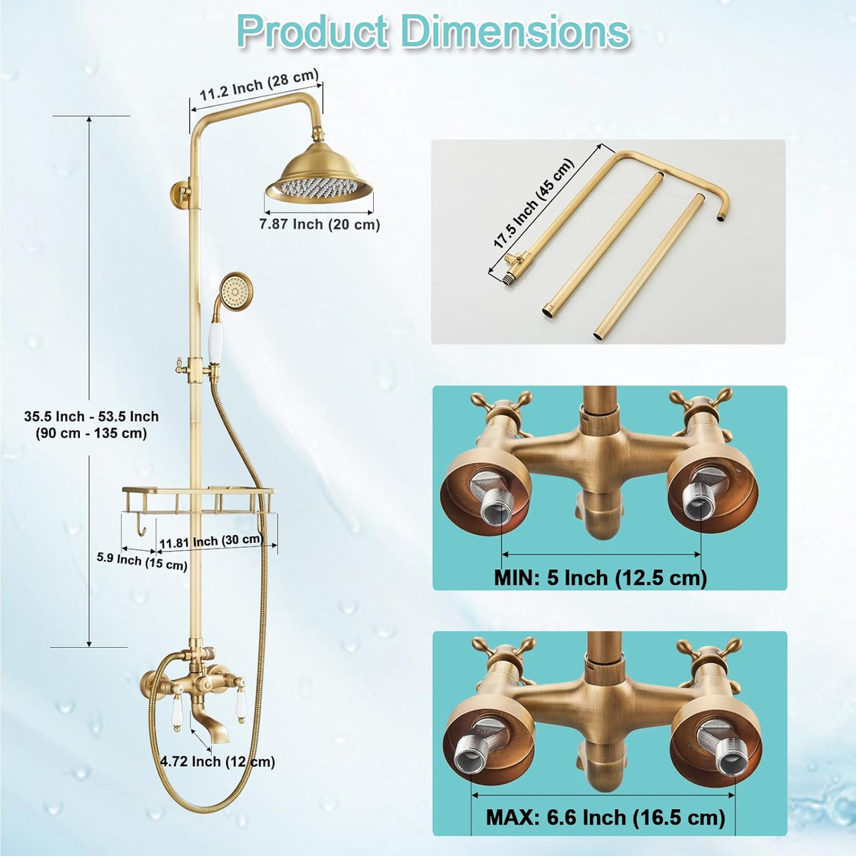 Antique Brass Shower System Outdoor Shower Fixtures with 8 Inch Rain Shower Head and Double Cross Handles Bathroom Shower Faucet Set