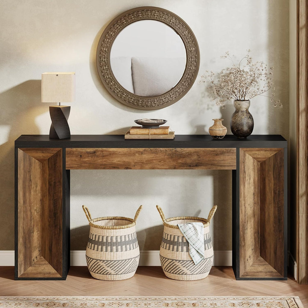 Tribesigns 63-Inch Console Table, Farmhouse Entryway Table with Dual-Tone Design, Rectangular Wood Sofa Table Behind The Couch, Narrow Accent Table for Hallway, Living Room, Foyer, Black and Brown