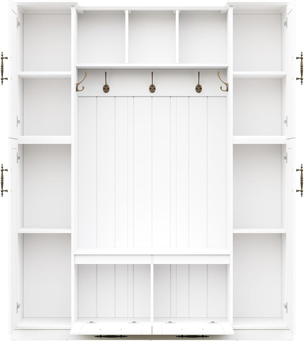 Farmhouse Elegant Hall Tree with 4 Side Cabinets, All-in-One Mudroom Furniture with Adjustable Shelves & Open Cubbies, Beadboard Entryway Bench with Coat Rack & 5 Hooks for Hallway (White-5.7)
