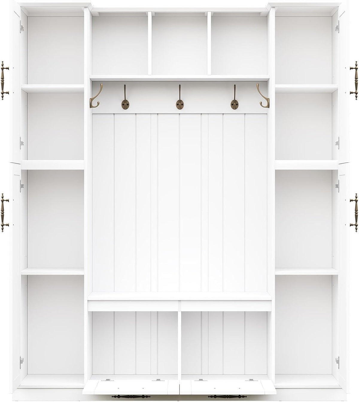 Farmhouse Elegant Hall Tree with 4 Side Cabinets, All-in-One Mudroom Furniture with Adjustable Shelves & Open Cubbies, Beadboard Entryway Bench with Coat Rack & 5 Hooks for Hallway (White-5.7)