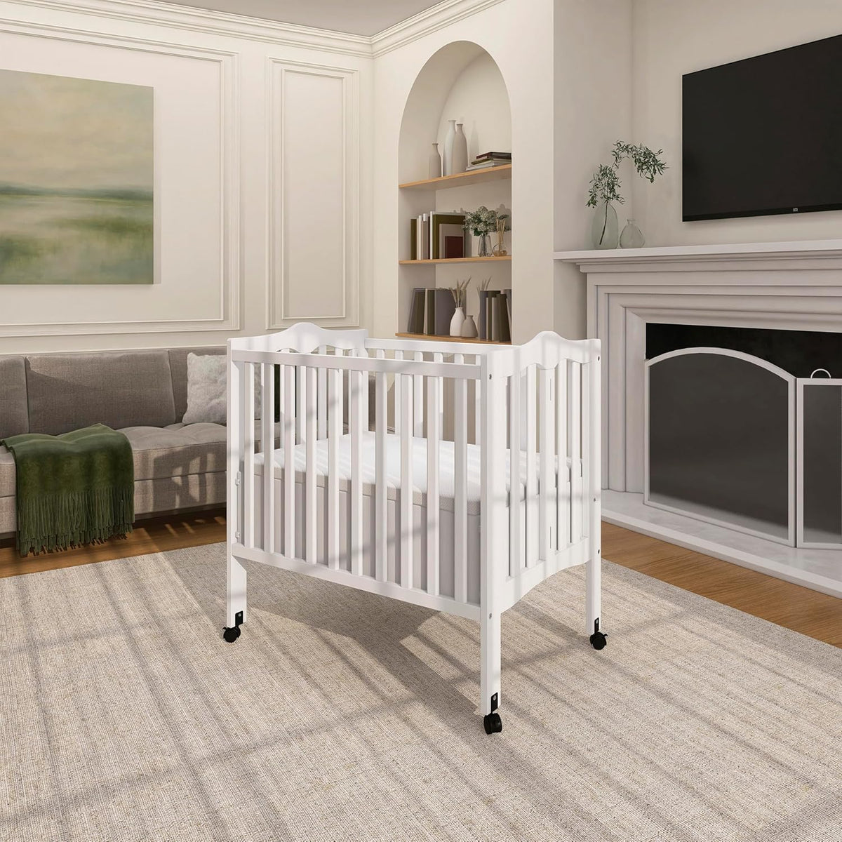 Dream On Me 2-In-1 Lightweight Folding Portable Stationary Side Crib In White, Greenguard Gold Certified, Baby Crib To Playpen, Folds Flat For Storage, Locking Wheels