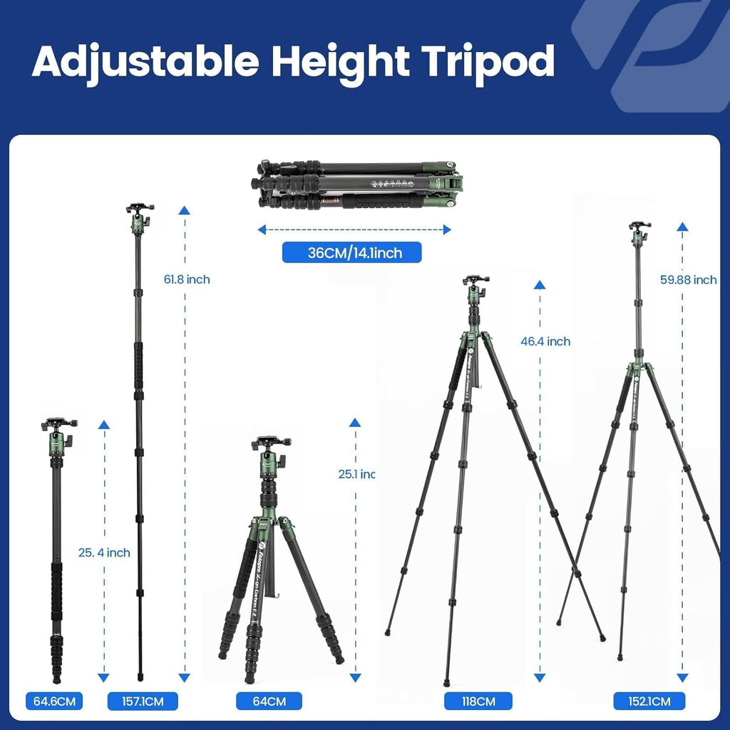 Fotopro 62" Carbon Fiber Travel Tripod, Lightweight Compact Camera Tripod with 360 Degree Ball Head, Detachable Monopod with Arca-Swiss QR Plate and Bag, Load up to 8KG/17.63lbs, Weighs only 2lb
