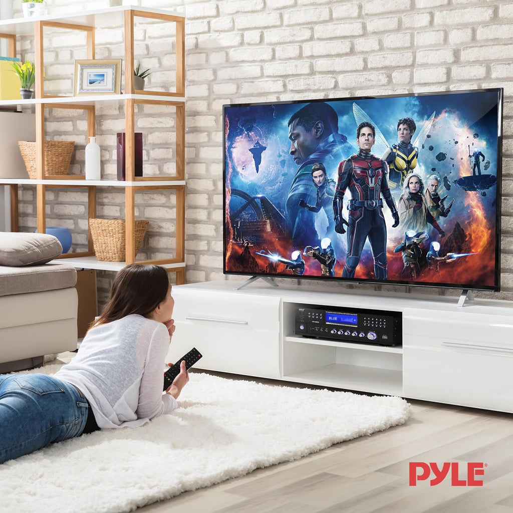 Pyle 4-Channel 1000W Power Amplifier with Bluetooth - Wireless Stereo Home Audio Receiver w/ Front Loading CD DVD Player, FM Radio, USB-A, Headphone, 2 Microphone w/ Echo, LED, Rack Mount - PD1000BA