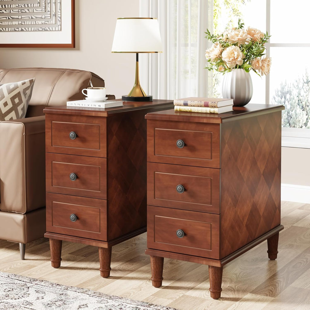 Tribesigns Solid Wood End Table Set of 2, Fully Assembled Narrow Side Table with Drawers, Pre-Assembled Nightstand Slim Bedside Table for Small Spaces, Living Room, Bedroom, Brown