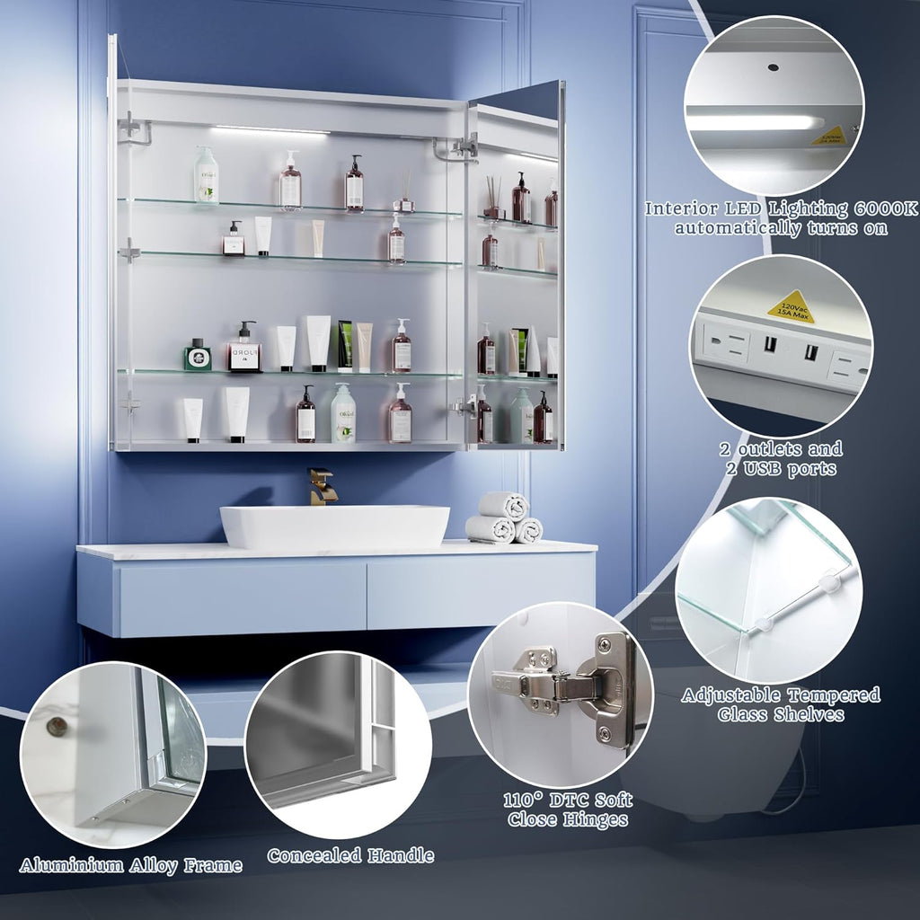 ExBrite Lighted Medicine Cabinet 36 x 36 Inch,Recessed or Surface led Medicine Cabinet, Clock&Room Temp Display,Defog,Dimming,Medicine Cabinet with Lights 3-Color Temper Change,Door Wide Open