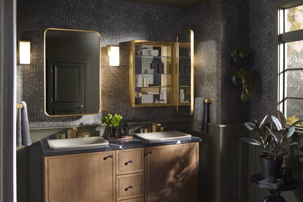 Kohler 35569-BGL Verdera® Framed Bathroom Medicine Cabinet with Mirror, Rectangle Design, Adjustable Shelves, Bathroom Storage, 15 in. W x 30 in. H, Moderne Brushed Gold