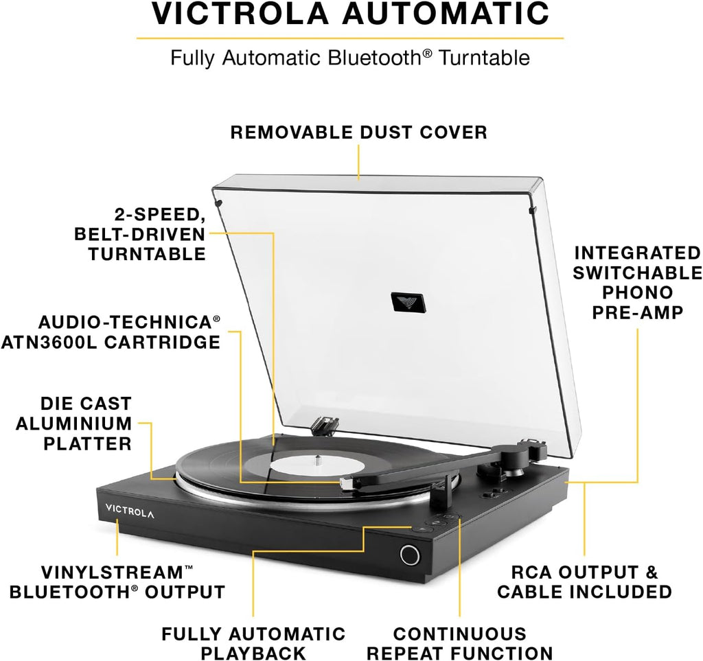 Victrola Fully Automatic Bluetooth Turntable w Audio Technica ATN3600L Cartridge, Automatic Repeat Function, 2-Speed Vinyl Record Player, Wireless Bluetooth Streaming, Preamp & Aluminum Platter Green