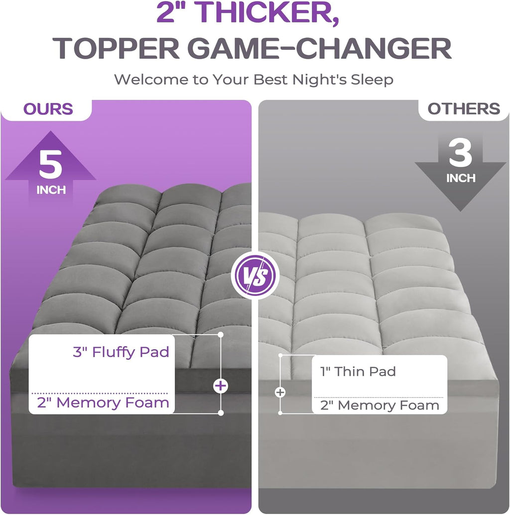 SINWEEK Dual Layer 5 Inch Memory Foam Mattress Topper King Size, 2 Inch Gel Memory Foam Plus 3 Inch 1450 GSM Down Alternative Quilted Pillow Top Mattress Pad Cover, Dark Gray